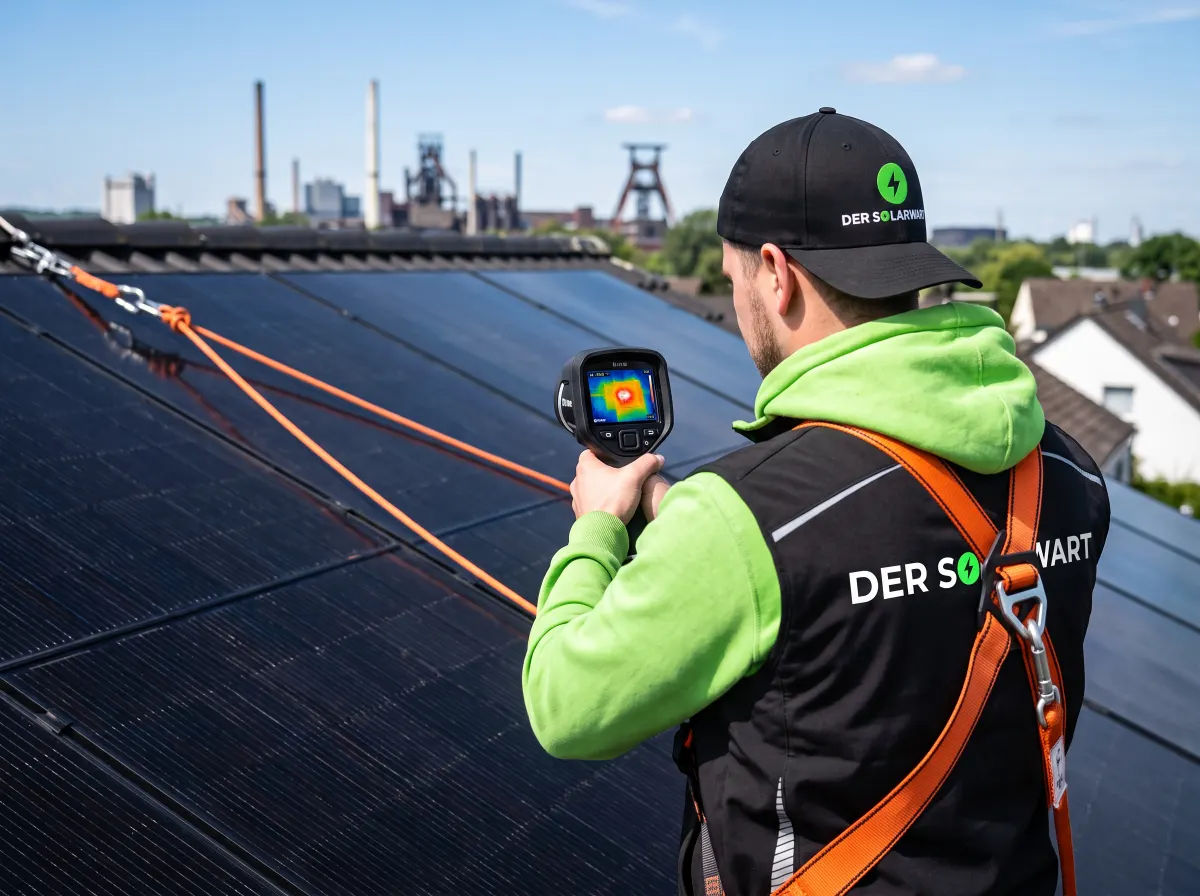 Techniker prüft PV-Module mit Wärmebildkamera auf dem Dach