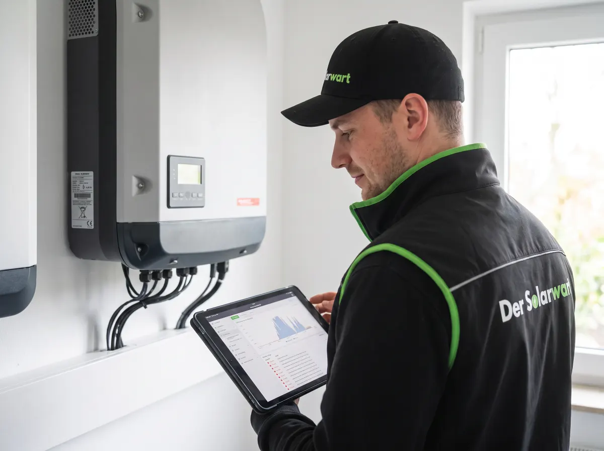Techniker dokumentiert Messwerte am Wechselrichter im Prüfprotokoll